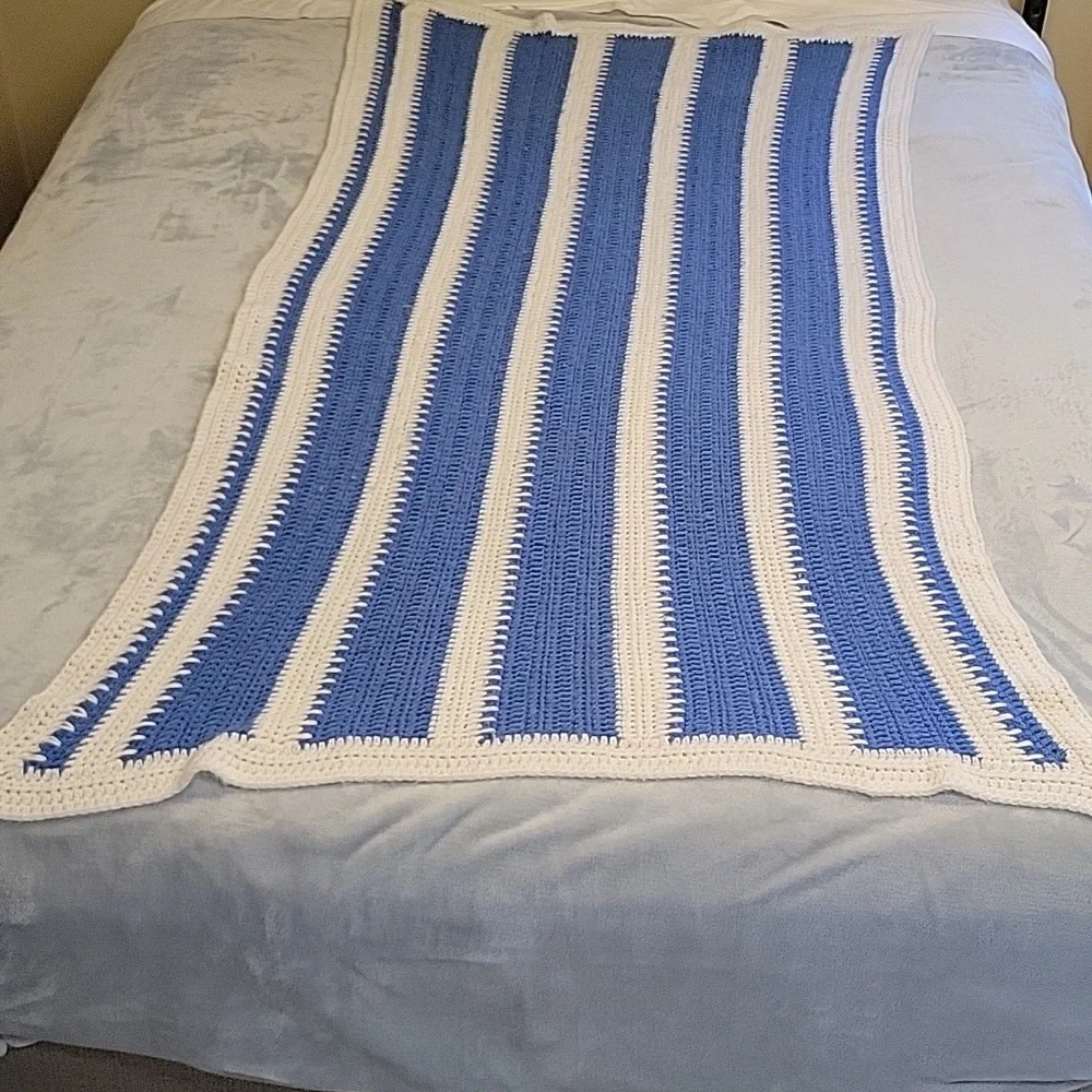 Blue and White Striped Handmade Throw Blanket, 67